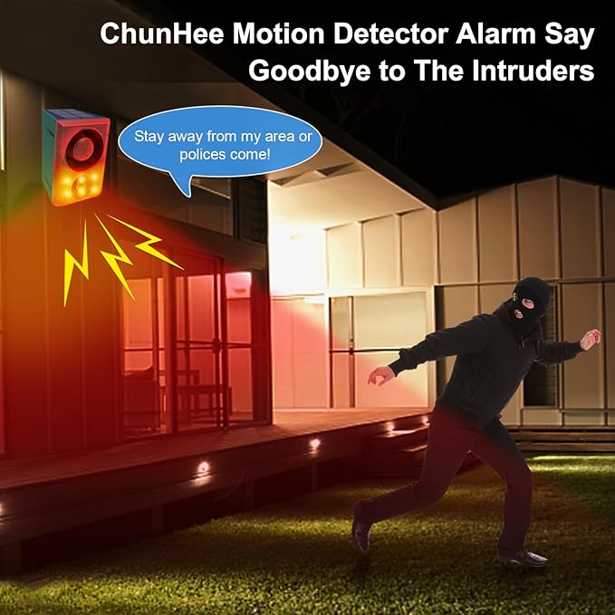ChunHee Solar Outdoor Motion Sensor Alarm with Dog Barking Gunshot Sound, Support Recording and Adjustable Volume, 130db Loud Noise Maker 3 Work Modes Strobe Light for Home, Villa, Farm, Barn (2pack)
