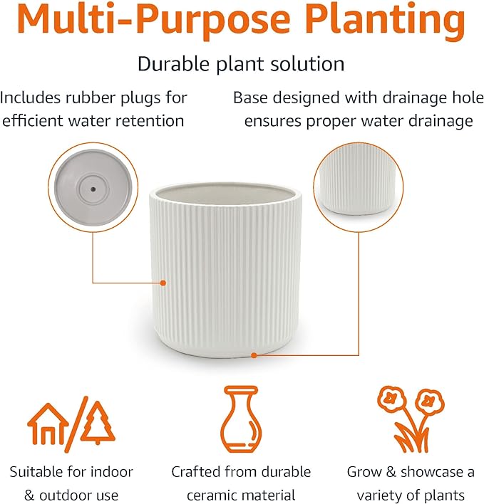 Amazon Basics Fluted Ceramic Planter Pot for Indoor Outdoor Plants, Round Flower Pot with Drainage Hole, 8-inch, White
