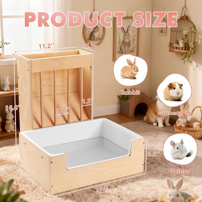 Extra-Large 2-in-1 Rabbit Litter Box & Hay Feeder Set, Wood, Mess Proof, for Guinea Pigs, Chinchillas, Hamsters, and Rabbits
