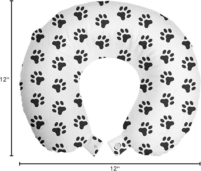 Ambesonne Paw Print Travel Pillow Neck Rest, Puppy Kitten Dog and Cat Themed Repetitive Pet Foot's Stains Concept, Memory Foam Traveling Accessory for Airplane and Car, 12", Grey White