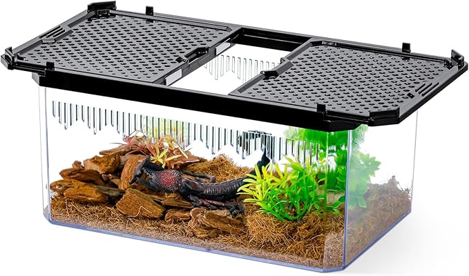 High-Transparency Reptile & Insect Enclosure Terrarium with Magnetic Door, Excellent Ventilation, Easy Cleaning, and Strong, Long-Lasting Build for Cricket,Frog,Insect House Gecko, Black,9.3 in