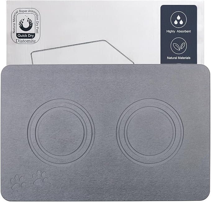 Diatomite Stone Pet Feeding Mat for Dog Cat Super Absorbent Diatomite Quick Drying Stone Dog Food Mat, Dog Mats for Food and Water with Non-Slip Station, Fast Dry Pet Mats, Deep Grey