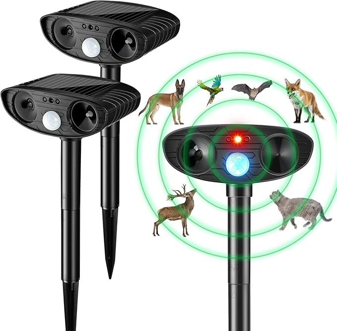 Ultrasonic Animal Repellent Outdoor Solar Powered Repeller Cat Dog Squirrels Deer Deterrent Waterproof Motion Sensor Deterrent for Yard Garden Rabbit Fox Pest(Black,2 Pieces)