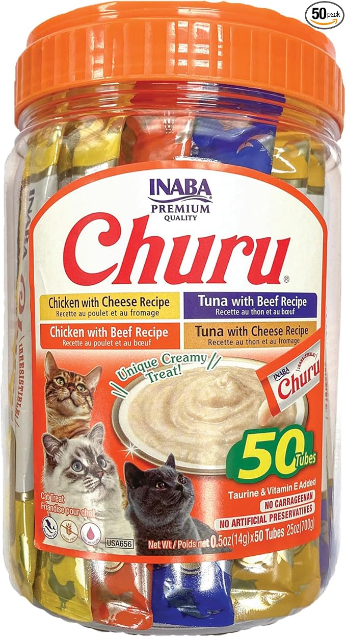 INABA Churu Cat Treats, Lickable, Squeezable Creamy Purée Cat Treat with Green Tea Extract & Taurine, 0.5 Ounces Each Tube, 50 Tubes, Beef & Cheese Variety