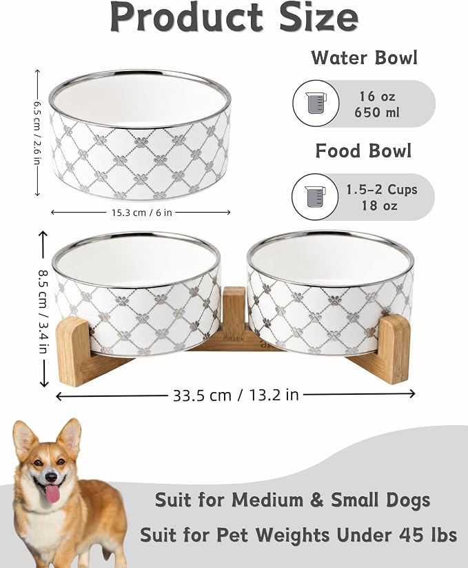 TRUVIC Ceramic Dog Bowl Set of 2 with Wood Stand, Silver Claw Pattern Dog Food and Water Bowl Set, 3.5 Cup/28 oz Puppy Food Bowls for Medium Dogs, Dishwasher Safe