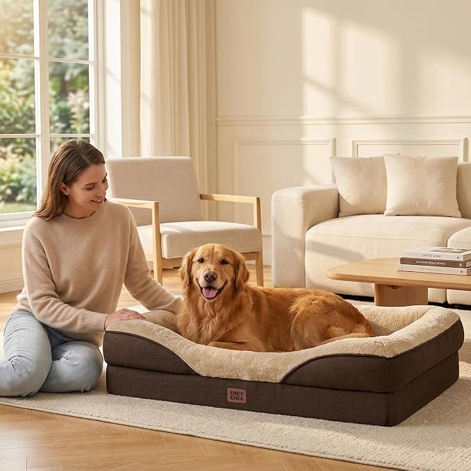 EHEYCIGA Orthopedic XXL Dog Bed for Large Dog, Memory Foam Dog Couch, Brown | 52x41 Inch Extra Large Sized Dog Sofa with Sides, Waterproof Liner & Washable Removable Cover, Bolster Pet Couch