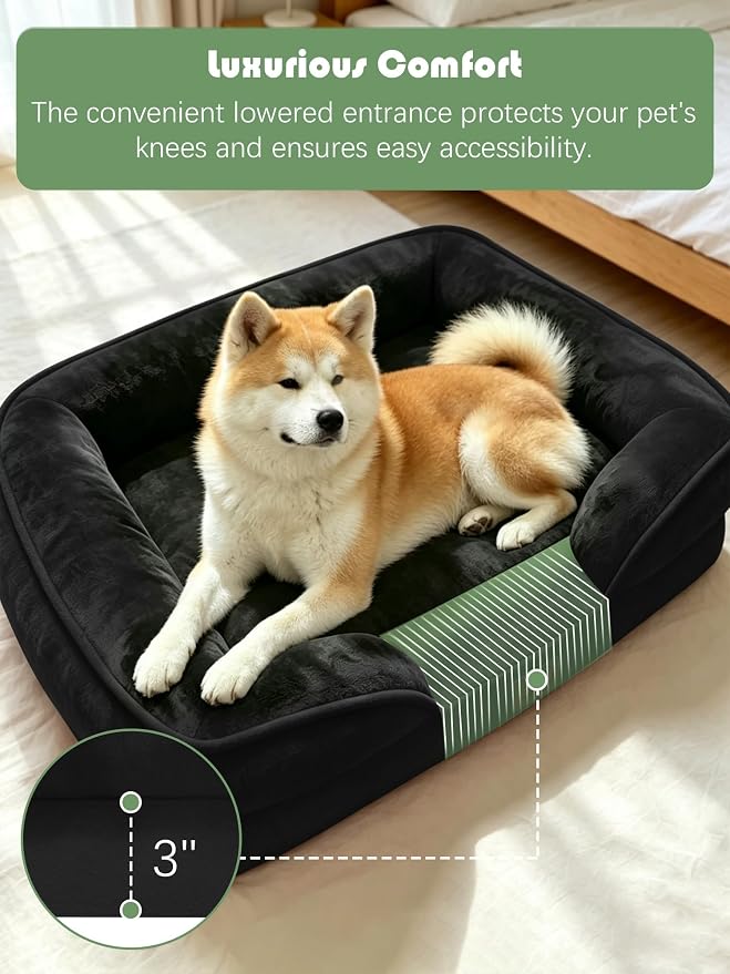 Spotted Play Orthopedic Dog Bed with Sides - Sofa Beds for Extra Large Dogs, Supportive Foam Pet Couch Bed with Washable Removable Cover, Waterproof Lining and Non-Slip Bottom, Black - XL-Plus
