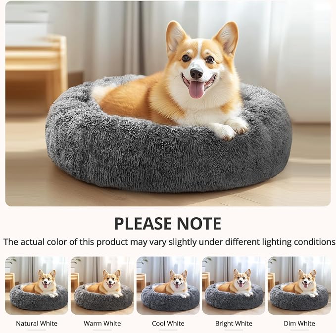 JOLLYVOGUE Calming Dog Bed Medium Size Dog, 31in Donut Washable Medium Pet Bed, Anti-Slip & Anti-Anxiety Fluffy Faux Fur Round Dogs Bed, Fits up to 45 lbs Pets (Smoke Black)