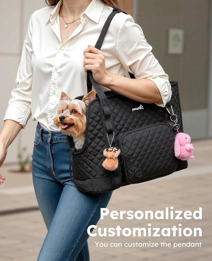 Pecute Dog Purse Carrier, Dog Carrier with Pockets for Small Dogs, Fits Dogs 5 lbs to 9 lbs, Cat and Puppies Tote Bag, Outing, Travel, Vet, Black | Breathable,Foldable,Large Pocket,Built-in safety Rope,Machine washable,Under 9 Lbs