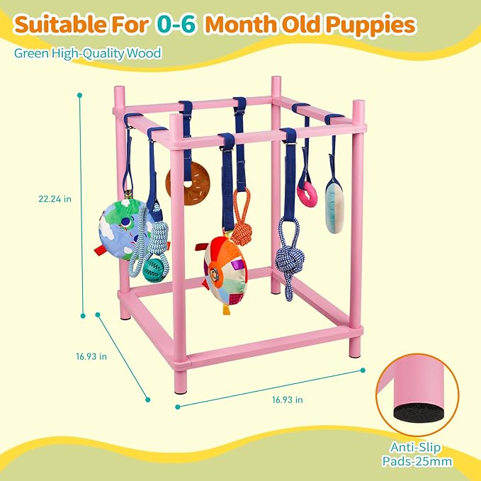 Wooden Puppy Play Gym for Small Dog with 8 Hanging Toys, Pink Frame | Wood Puppy Jungle Gym Indoor & Dog Enrichment Toys for Puppies 0-6 Months