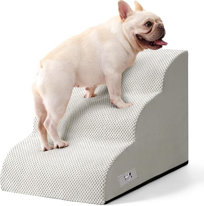 Dog Stairs for Small Dogs & Cats,3 Steps Non-Slip Pet Ramp for Couch,15.7"H | Airpanda Pet Stairs with Washable Cover & High-Density Foam,Gentle Curved,Ideal for Senior & Short-Legged Dogs,Light Grey