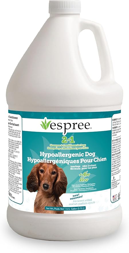 Espree Hypoallergenic Dog Shampoo & Conditioner, Salon Dog Grooming Supplies, Tearless Formula with Aloe Vera, Made Without Sulfates, Parabens, Harsh Chemicals and Dyes, for Sensitive Skin, Gallon