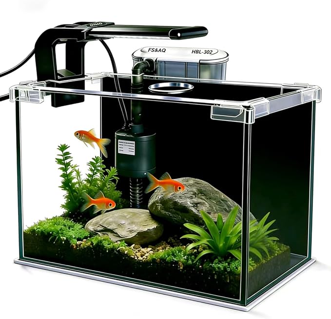 FS&AQ 2.5 Gallon Betta Fish Tank with Filter Light and Lid Small Aquarium Starter Kit Perfect for Desktops Offices or Beginners