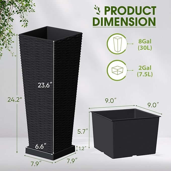 Devoko Resin Tall Planters for Outdoor Plants Set of 2, Large Taper Outdoor Planter Pots with 4 Drainage Holes, Flower Pots Modern Decor for Porch, Patio, Backyard, Garden(Black, 23.6" with Trays)