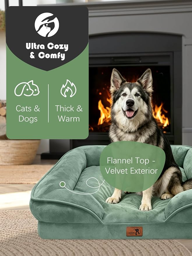 Spotted Play Orthopedic Dog Bed with Sides - Sofa Beds for Extra Large Dogs, Supportive Foam Pet Couch Bed with Washable Removable Cover, Waterproof Lining and Non-Slip Bottom, Green - XL-Plus