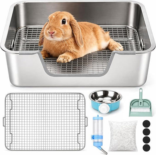 Rypet Large Rabbit Litter Box, Bunny Litter Box High Side with 304 Stainless Steel Sifting Tray, Metal Small Animal Litter Pan with Pet Food Bowl and Water Bottle, Non-Slip Easy to Clean Odor Control