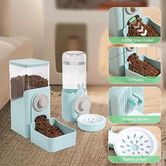 Hanging Automatic Pet Food and Water Dispenser, Auto Gravity Rabbit Ferret Bunny Hedgehog Feeder Water Dispenser Sets, Cat Dog Food and Water Dispenser Food Bowl for Cage Hanging (Light Blue)