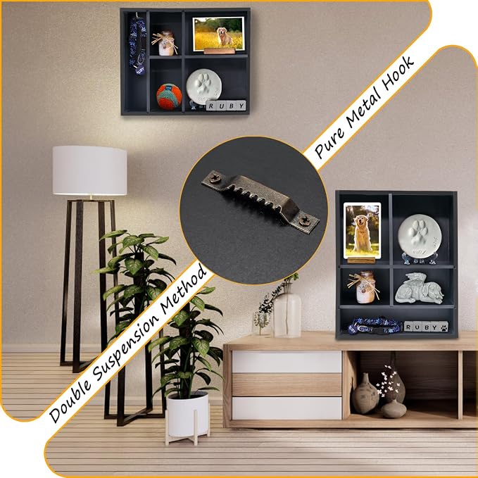 11*14" Solid Wood Pet Memorial Shadow Box Frame with Shelves | Deep Pet Memory Box Display Case for Dogs or Cats Urn Ashes Paw Print Keepsake for as Loss Remembrance Sympathy Gift- Black