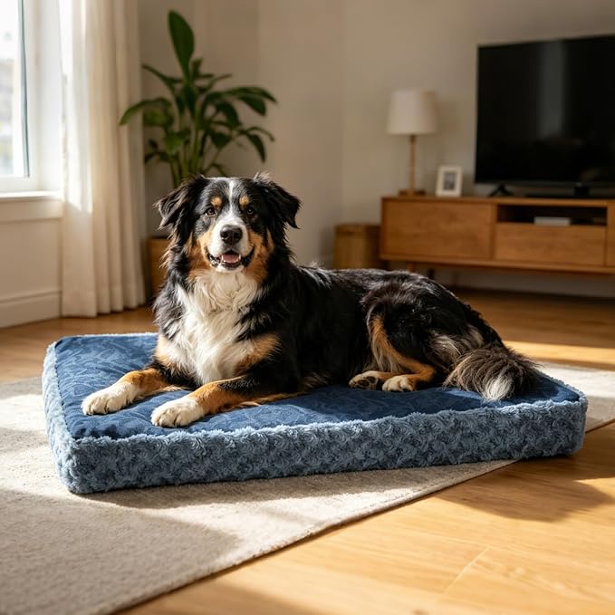 EMPSIGN Dog Bed Mat Crate Pad Mattress, Ultra Soft Pet Kennel, Navy, M | Reversible(Cool & Warm), Waterproof Linings, Removable Machine Washable Cover, for 30" Dog Crate, Soft Rose Plush/Canvas