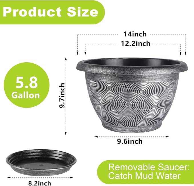 14-Inch -Plastic-Pots -For-Plant With Saucer, 4 Pack Outdoor Planters With Drainage Holes, Decorative Flower Pots For Indoor Plants, Modern 3D Swirl Silver Large Plant Pots With With Removable Tray