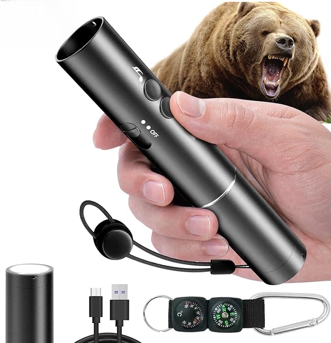 Electronic Bear Air Horn,120dB Rechargeable Whistle with Flashlight for Hiking & Camping, Wildlife Deterrent & Emergency Safety Device, Can Replace Bear Bell