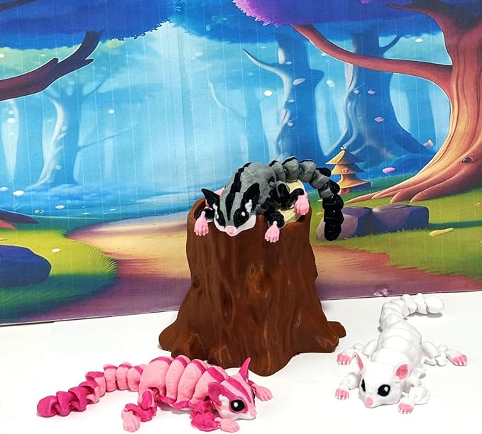 3pcs Articulating Sugar Glider Toy with 1 Tree Stump, White Pink Gray Sugar Glider Fidget Toy – Fun, Flexible & Portable Gift for Sugar Glider Lovers - 3D Printed in USA - ASG001-ASS-TS-1