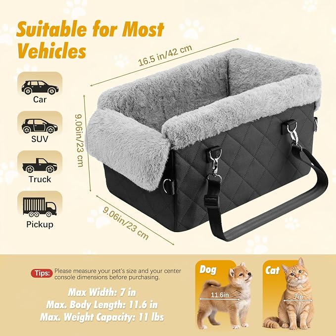 Center Console Dog Car Seat for Small Dogs&Cats Under 12 LBS | Puppy Car Seats with Non-Slip&Strong Support, Anti-Collapse Portable Pet Bed for Puppies with Soft Cushion Safety Belt, Black