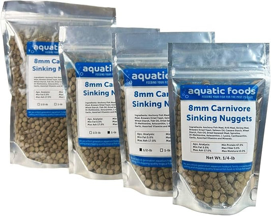 Aquatic Foods Inc. 8mm - 5/16" Carnivore Sinking Pellets for Carnivore Cichlids, Catfish, Monster Fish, Bottom Fish, All Large Fish, Also Koi & Pond Fish. - WL…1/4-lb Foil Pouch Bag