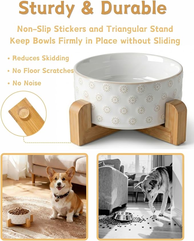 TRUVIC Ceramic Dog Bowl with Wood Stand, Jun Blanc Daisy Relief Dog Food and Water Bowl, 2 Cup/14 oz Puppy Food Bowl for Medium Dogs, Dishwasher Safe, Modern Geometric, Daisy