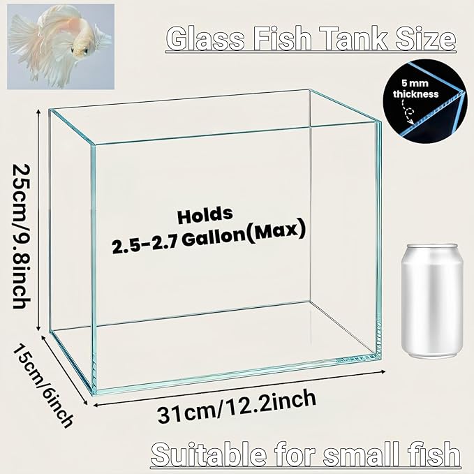 Tlence 2.7 Gallon Glass Fish Tank, Small Betta Fish Aquarium, Ultra Clear Rectangular Glass Bowl for Shrimp, Mini Desktop Aquatic Planting Cube for Goldfish Snails, Easy to Clean