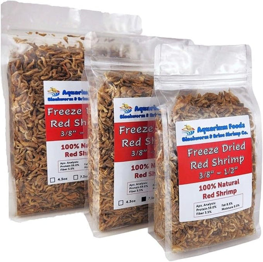 Aquatic Foods Inc. Red Shrimp, 3/8" to 1/2" Floating Freeze Dried Red Shrimp for All Tropical Fish, Cichlids, Medium Size Catfish, Marines, Pond Fish, Turtles, Hamsters, Reptiles…7.3oz Clear Bag