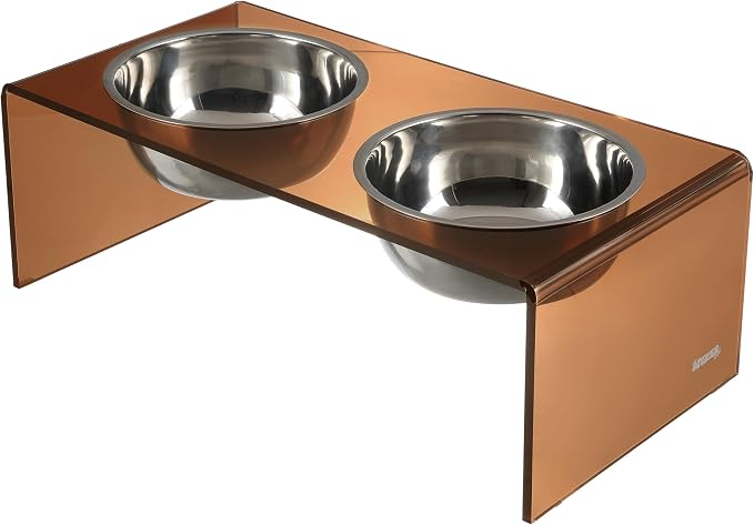 DBL2001D Keaton 7.5" Medium/Large Modern Acrylic Rectangular Elevated Pet Feeder with 54oz 2-Stainless Steel Bowls, Amber/Chrome