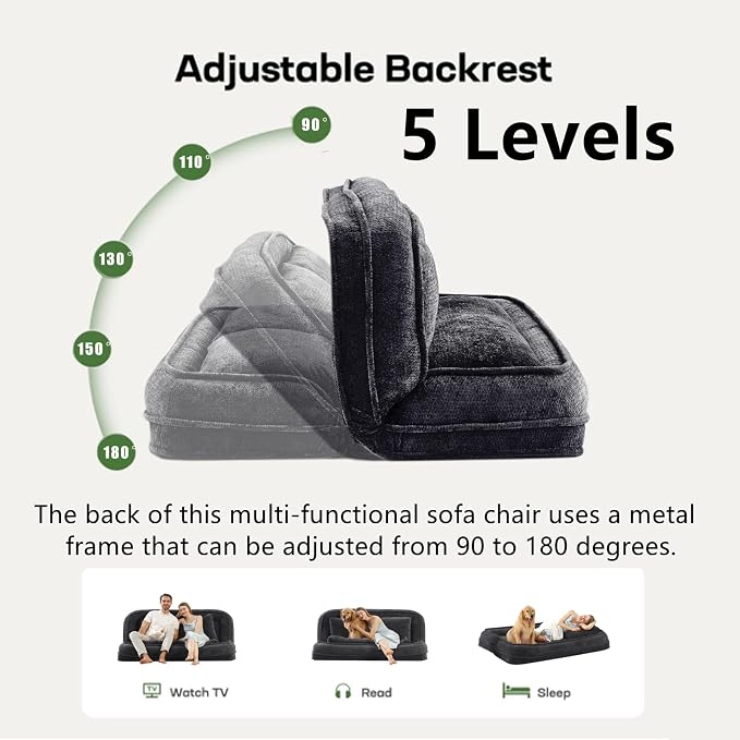 Foldable Lazy Sofa Bed, Double Human Dog Bed for Adults, Black | Skin-friendly Breathable Soft Chenille Upholstered, 5 Adjustable Backrest Positions, 3 Soft Cushions for Living Room