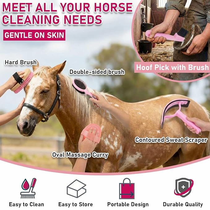 Cunhill 9 Pcs Horse Grooming Kit Tack Room Supplies Set with Tote Bag, Oval Massage Curry, Hard and Soft Brush, Hoof Pick, Sweat Scraper, Bathing Sponge, Comb for Horse Rider(Classic,Pink)