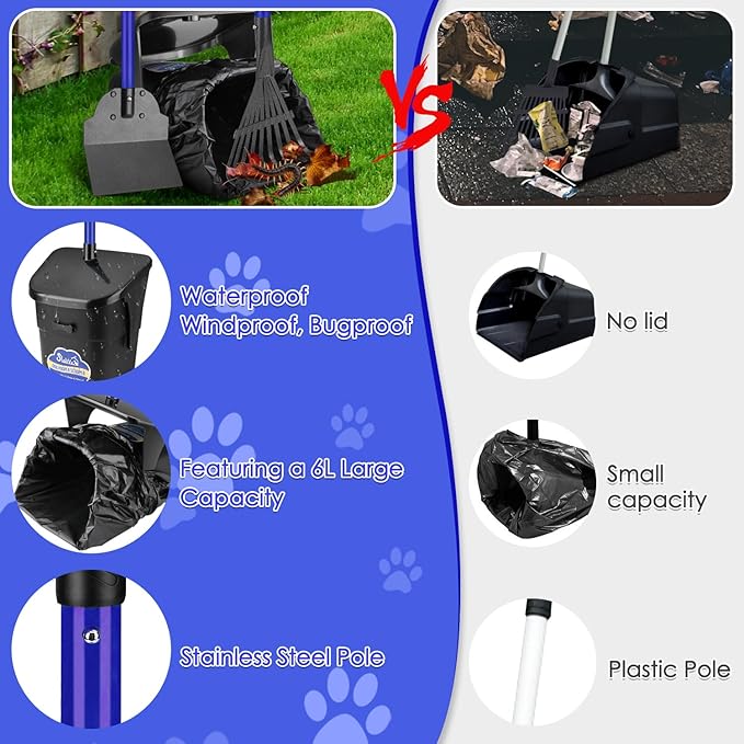 SlowTon Dog Pooper Scooper - 37.4" Long Metal Handle Adjustable Rake & Spade & Swivel Bin with 20 Waste Bags, Portable Pooper Scooper for Gravel Lawn Grass, Suit for Small Medium Large Dog