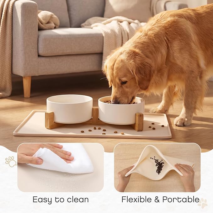 Ceramic Dog Bowl Food Water Bowl Set for Medium Dog with Wood Stand Waterproof Raised Edge Non-Slip Mat 3.6 Cups Glaze Weighted Feeding Dishes for Cat