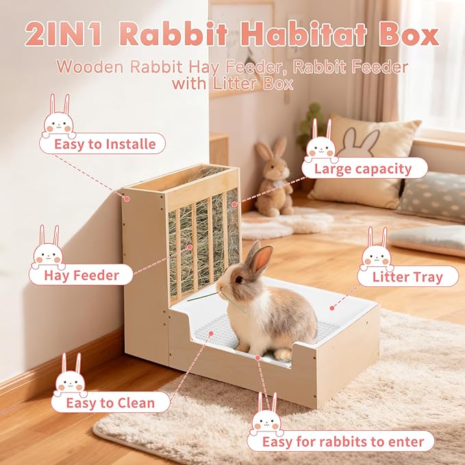 Extra-Large 2-in-1 Rabbit Litter Box & Hay Feeder Set, Wood, Mess Proof, for Guinea Pigs, Chinchillas, Hamsters, and Rabbits