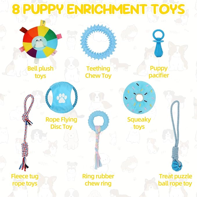 Puppy Play Gym Activity Center, Dog Indoor Jungle Gym with 8 Toys | 8 Hanging Enrichment Toys for Busy Play, Soft Mat for Rest, Non-Slip Feet, PVC Frame, Adjustable Straps, Cats and Small Pets