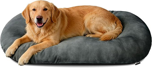 Washable Oval X-Large Dog Bed, Silver-Tipped High-Resilience, Dark Gray | Non-Slip Bottom Prevents Sliding, Soft Plush Short Fur, Machine Washable, Ideal for Crates/Apartments/Cozy Nooks,41"x27"x3.6"