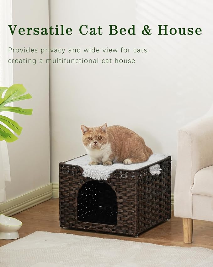 SETVSON Cat Beds Indoor Kitten House, Handwoven PE Rattan Cave, Brown | Double-Layer Rattan Pet Cube, Double-Sided Cushion Bed, Foldable Steel Frame, 2 S-Hooks, 16.5x16.5x13.2 In Hideaway