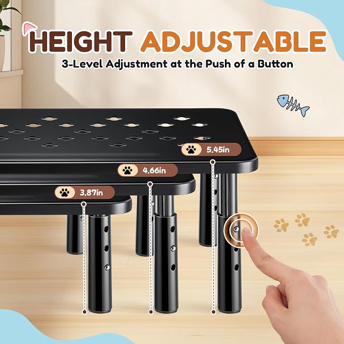 Dreyoo 2 Set Adjustable Cat Food Stand, Black,Gray Mat | Fits Most Auto Feeders, Cat Food Stand, 3 Level Stand, Non Slip Silicone Mats, Elevated Feeding Table, Cats Small Dogs