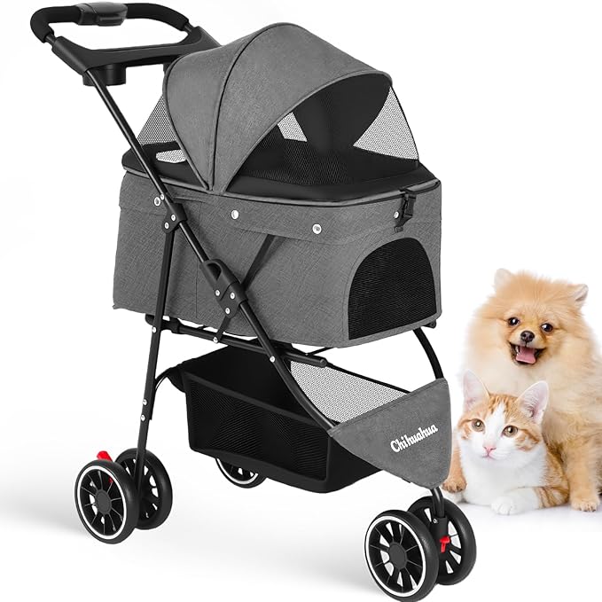 Pet Stroller,Dog Stroller for Small Medium Dogs Cats,3 Wheels,Grey | Foldable,with Breathable Mesh Canopy,Cup Holders,Easy Assembly