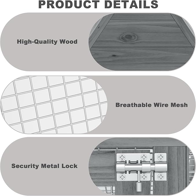 Small Chicken Coop, Rabbit Hutch Outdoor, Wooden Triangle Rabbit Cage with 2 Door & Poultry Run, Portable Bunny Hutch for Chicken, Rabbit, Guinea Pigs, Hedgehog, Small Animals (Modern Grey)