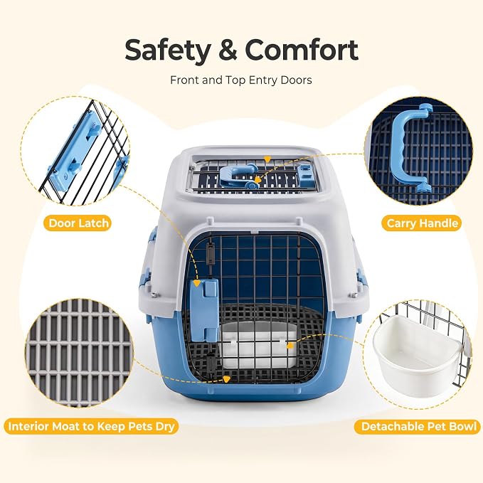 NEWBULIG 23" Hard-Sided Dog Carrier, Plastic Cat & Dog Crate, 4-Sided Ventilation Travel Pet Kennel, Top & Front Door Access, Integrated Food Bowl, for Small Pets up to 22 lbs, Blue