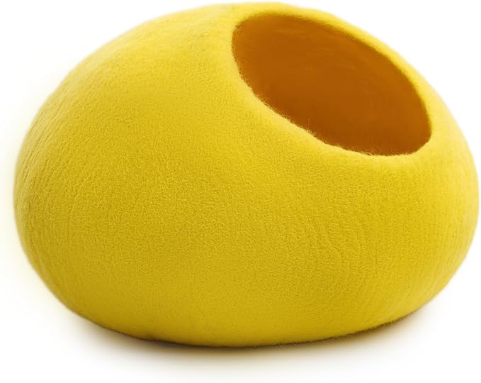 Luxurious Merino Wool Cat Cave - Foldable Hideaway Pod for Indoor Cats - Premium Felt Kitten Pet Enclosure - Covered Cat House for Ultimate Cozy Comfort by Woolygon (Yellow Plain)