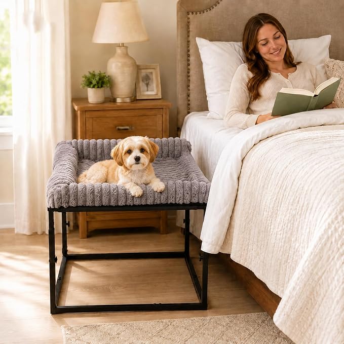 Adjustable Bedside Dog Bed for Small Dogs | Elevated Co-Sleeper Dog Bed with Metal Frame, Thick Supportive Cushion Mattress & Washable Cover, Dog Bedside Sleeper
