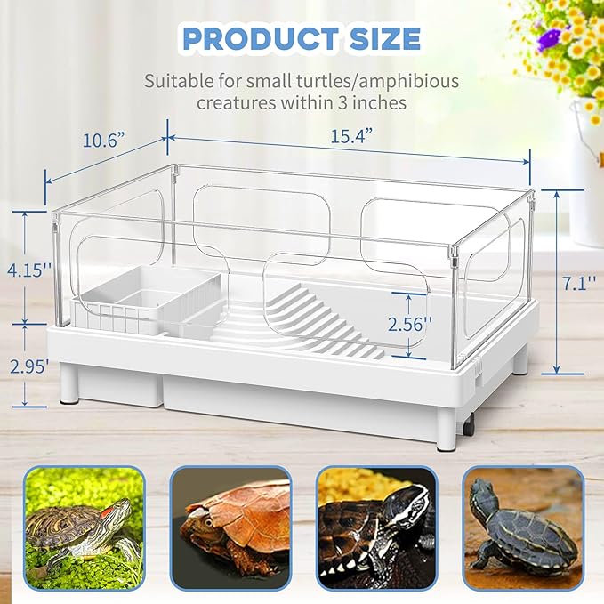 MoonOrange Small Turtle Tank, Acrylic Turtle Terrarium with Basking Platform, Bottom Drainage, Multi-Function Areas for Turtles, Crabs, Crayfish, Small Reptiles (White Tank)
