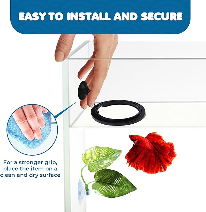 SunGrow Betta Ring and Leaf Hammock, Faux Fish Leaf Pad with Suction Cup, Spawning Ground, Breeding, and Resting Bed, Feeding Spot, Hideout Ornament and Aquarium Décor, Black Circle Fish Feeder, 2 Pcs