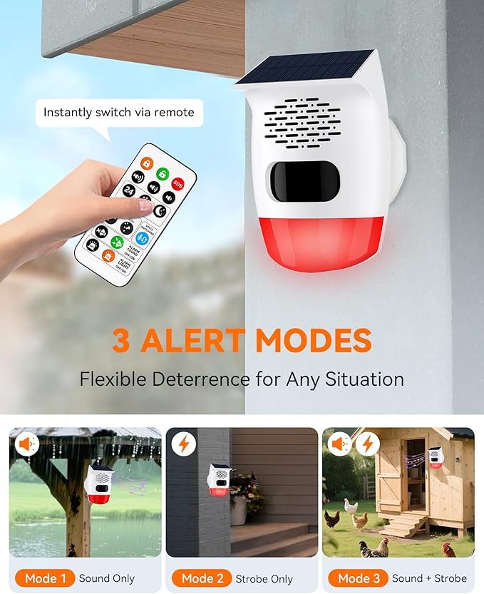 2-Pack Solar Motion Sensor Alarm - Custom Voice Upload, Deer & Raccoon Deterrent, Motion Activated Voice Player & Strobe Light, IP65 for Chicken Coop, Pool Gate, Garage, Farm Protection