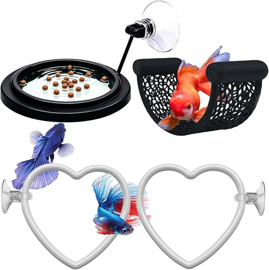 4Pcs Betta Fish Tank Accessories, Betta Hammock, 2 Betta Fish Toys, 1 Betta Feeding Ring Provide a Comfortable Environment for Rest and Activities at Betta.